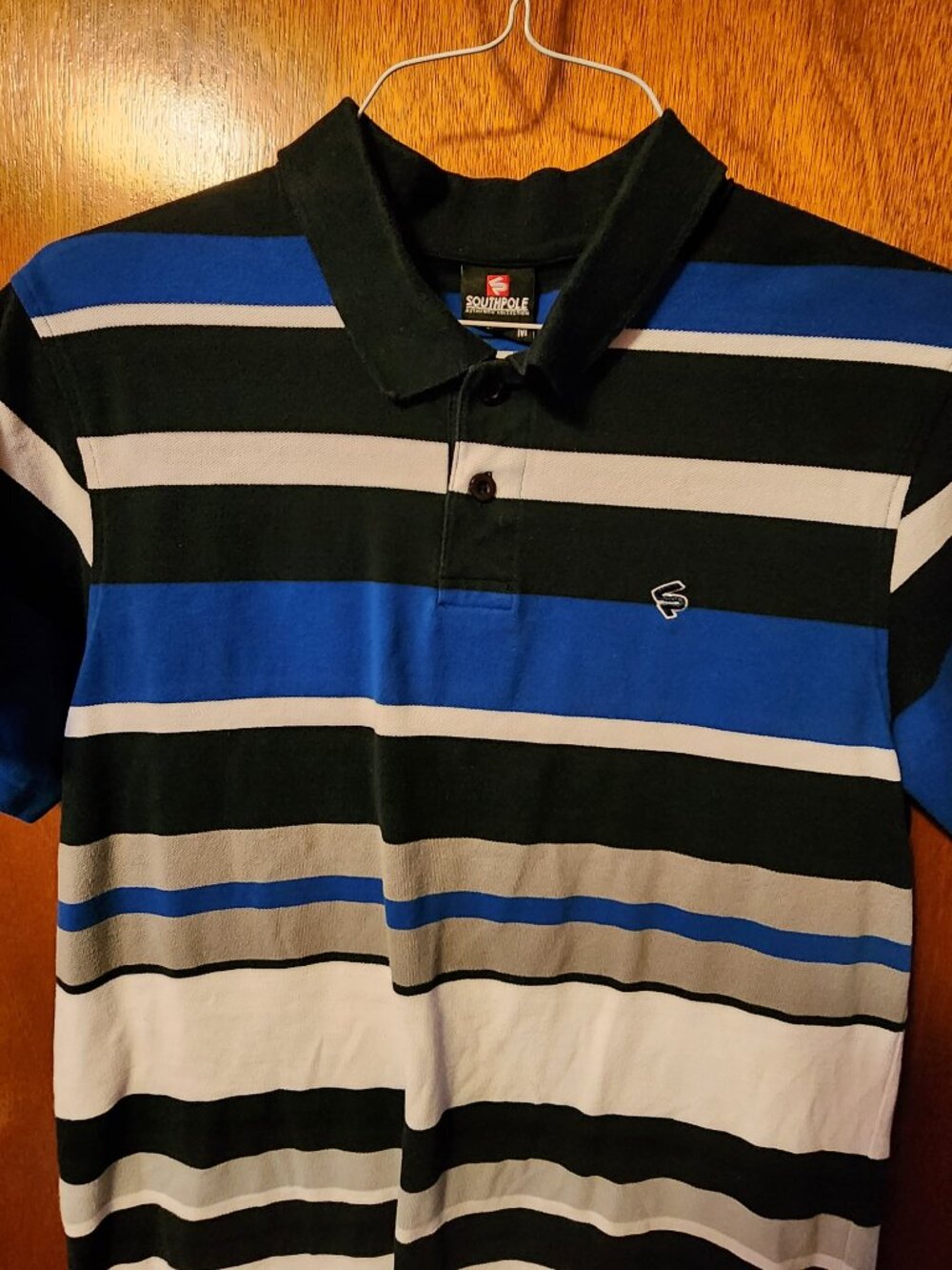 Men's Medium Southpole Black/Blue/White Striped Cotton Short Sleeve Polo Shirt